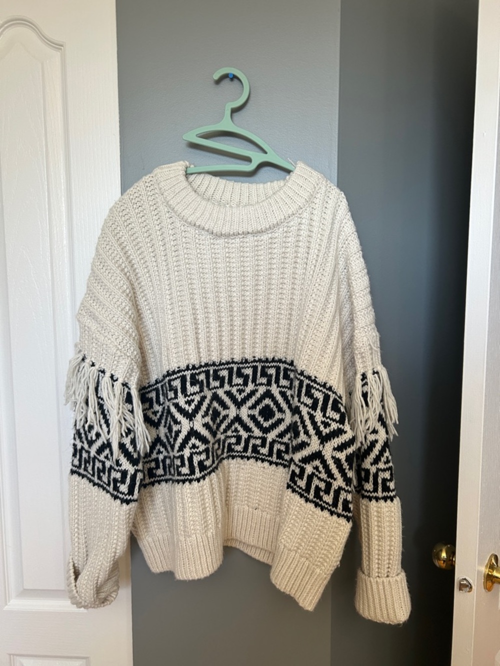 H&M Cream Sweater with Black Fair Isle and Fringe